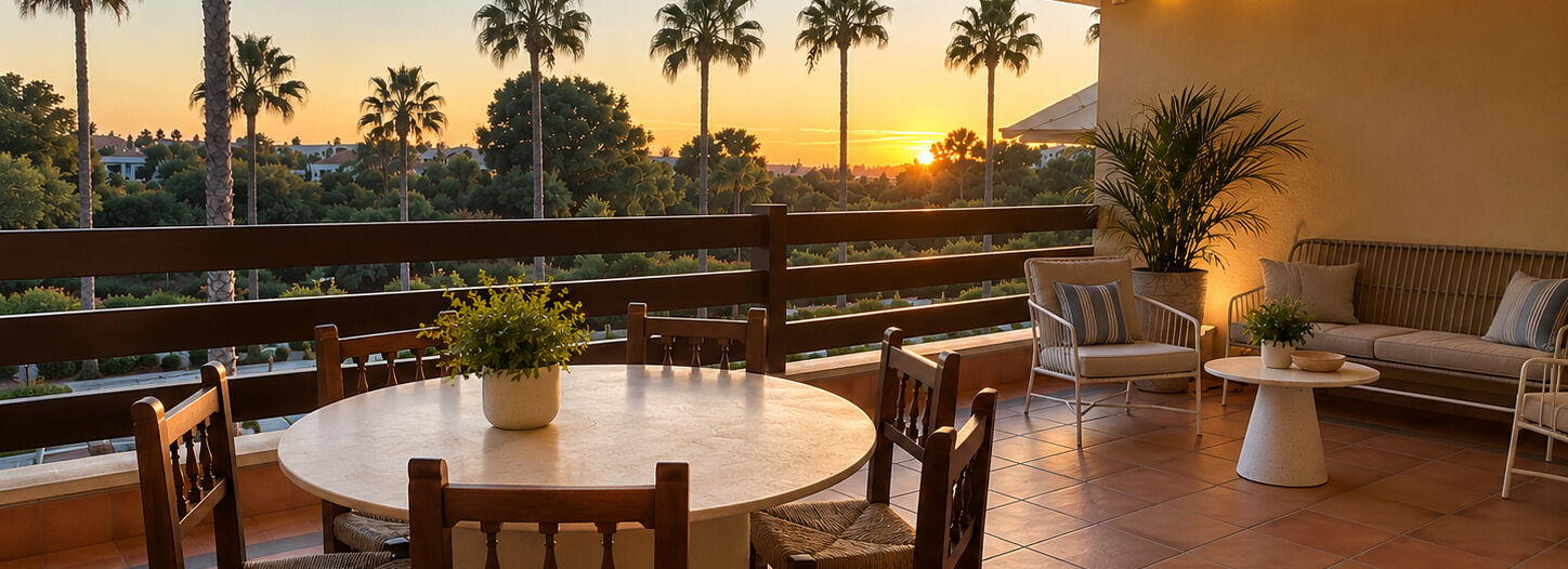 Terrace at sunset overlooking the palm trees of the Marina de Sotogrande